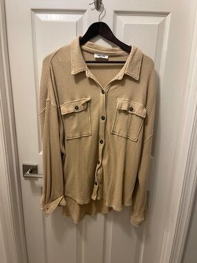 Double Zero Beige Ribbed Button-Down Shirt Jacket NWOT